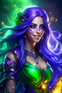 Super pretty mature woman, long purple hair, good body, big bubs, perfect purple eyes, smile, light green armor, tiara, purple fire behind, darkness background.