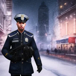 large muscular police officer, downtown snowy new york at night, dramatic, dramatic lighting, volumetric lighting, hyperrealism, 8k, high quality, photorealistic, lot of details