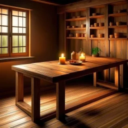 Generate an image of a table with wooden shelves and a warm, inviting atmosphere. The table should be well-lit with soft, natural lighting The background should be slightly blurred.