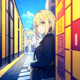 yellow brick road, road signs, arrows, direction, anime girl walking, detail on the girl