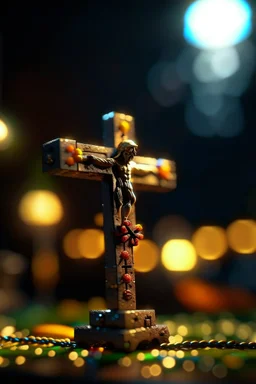 a cross like a boss with eyes like spotlights and children swinging , photo-realistic, shot on Hasselblad h6d-400c, zeiss prime lens, bokeh like f/0.8, tilt-shift lens 8k, high detail, smooth render, down-light, unreal engine 5, cinema 4d, HDR