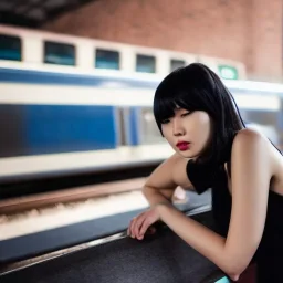 A beautiful slender Asian woman with short black hair waiting for a man at a train station in London