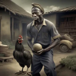 a black man holding a chicken in a village setup 3D real image