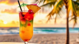 A vibrant tropical cocktail served in a tall glass with layers of colorful fruit juices, garnished with a pineapple slice, cherry, and a tiny umbrella, set against a backdrop of a beach at sunset, with palm trees swaying in the background.