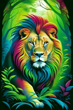 Colorful front cover book image of a full figured lion inside deep forest
