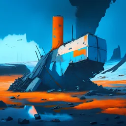 landscape of Iceland , Industrial Ruins , Wasteland , Large crashed military spacecraft , antennas, small fires , blue orange hull , Global light