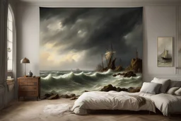 Andreas Achenbach HD tufting tapestry trompe-oil stormy sea shores islands, in empty room