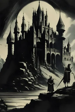 60s dark fantasy art, illustration a men in a castle