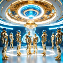 (masterpiece, best quality, 8k, RAW photo, beautiful and aesthetic:1.2), complex detail, Indirect light, photorealistic, (((full body))), Meeting of a group of Cosmic male gods smiling, Mixed, sci-fi, spiritual and cyborg outfit with golden futuristic artifacts, white, blue and silver elements- Inside a great room of a flying saucer with a round hublot showing a galactic sunset