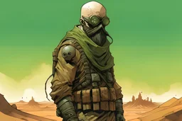 A Bald Soldier With green eyes and thick black beard, wearing Desert Camouflage and a rebreather mask standing looking out upon a desert planet, Style Alex Maleev,