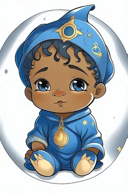 an anime style drawing of a black and asian baby boy. hes wearing blue medieval royal baby onesie. he is sun and moon themed. he is adorable and he has freckles.