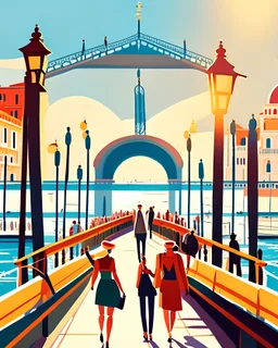 Arte vector de Venecia Gran Canal puente peatonal gente cielo soleado obra de arte 4k
