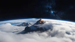 a fog planet's atmosphere is pierced by a single sharp mountain peak. a curved horizon separates the starry space. a spark of light at the tip of the mountain's peak