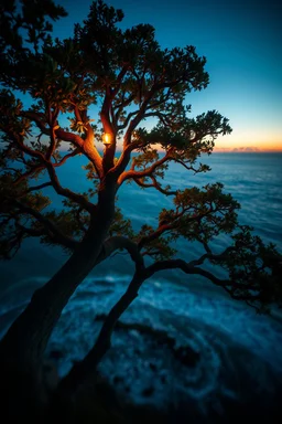 mexican was draw wizard in the top of an old endless high tree above the sea in in the late evening with a soft neon glow from the fishes ,bokeh like f/0.8, tilt-shift lens 8k, high detail, smooth render, down-light, unreal engine