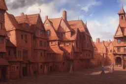 hyper realistic oil painting of a medieval city, houses made out of red stone, houses made out of white stone, hyper detailed, high contrast, bright, summer, blue skies, by greg rutkowski, trending on artstation