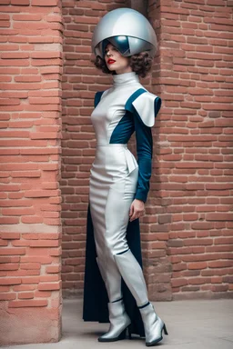 woman in retro-futurist costuming standing while leaning to the side against a brick pillar