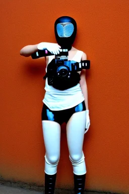 Cyber-punk style random-mask. Large fencing mask covers cheeks. Trim girls. Reflective white plastic skin. Camera lenses as eyes. Head full of integrated old-fashioned cameras. Golden to cyan surfaces body, latex. Perfect body, thick thighs and calves. Asa Akira. Selfies with old-fashioned cameras in both hands. Wide hip, skirt bleats nicely. Camera at mons veneris. Partly symmetrical. Cameras hanging on wide plastic belt. Euclidean 3D-tiling walls. Fractals. Chaos. Minimalism. surveillance