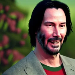 Keanu reeves smiling, in green field, red shirt, realistic eyes, realistic skin texture, unreal engine, 85mm photography