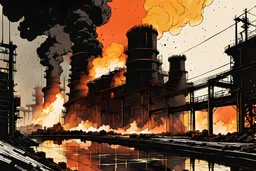 an abstract illustration of a raging Besemer blast furnace in a bleak steel mill town , finely drawn and inked, 4k, hyper detailed and vibrantly colored in the comic art style of Bill Sienkiewicz , Frank Miller, and Yoji Shinkawa