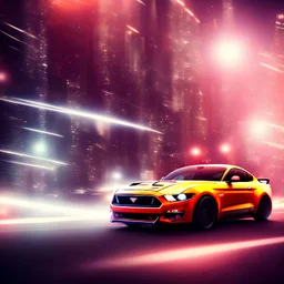 fiat ford mustang, city. high speed. bokeh. lens flare. warm lights. high detailed