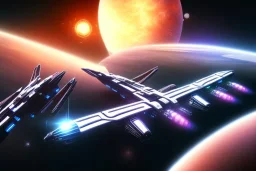 spaceship fleet with thrust and planet