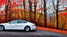 A Tesla's 'Model S Plaid' is doing donuts, in the 'Great Smoky Mountains' National Park, in Tennessee. CINEMATIC. WIDE ANGLE LENS. PHOTO REAL.