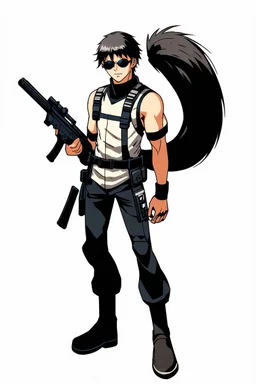 male cyberpunk solo with long hair tail, Norwegian, Wearing Leisureware and mirrored sunglasses, armed with sniper rifle, lean, nice, Anime Style, Retroanime, Video Game Character