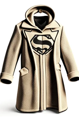 Superman's Balenciaga overcoat Winter elegant inspired by Superman's emblem design beige tones with dual color on a white background, product catalog photography, soft spot lighting, depth of field, 4k –ar 3:5 –q 2