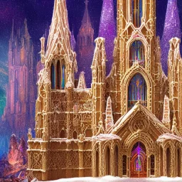 grand cathedral made of gingerbread with vibrant rock candy as windows, frosting, 8k resolution, centered, high-quality, ultrafine-detail, ornate, digital art, baroque, volumetric lighting, illustration, 3D octane render, brian froud, howard lyon, George Grie, greg rutowski,