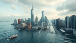 Climate emergency. A modern city partially submerged under rising sea levels. Skyscrapers emerge from the water, while streets and lower buildings are completely flooded. Boats navigate roads where cars once drove, and people wade through deep water. Beautiful award-winning photograph, inspiring, rule of thirds, balanced delightful composition, perfect lighting, superb detail, 16k render