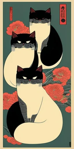  a group of cats that are on top of each other, a poster by Nōami, ukiyo-e, anime aesthetic, minimalist.