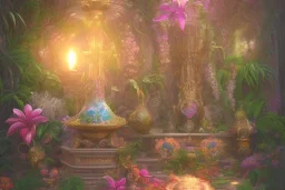 Beauty, Tropical flowers,heart drawing, crystals, tropical leaves, sacred altar, Fantasy temple