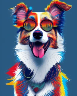 Vibrant, fun t-shirt design of a stylish Australian Shepherd dog with cool sunglasses and relaxed demeanor. The coat is a gradient mix of blue, red and white. The background is a fun red heart-shaped silhouette. The overall design is visually striking and would turn heads on a (((black t-shirt)))