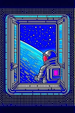 An astronaut in their spaceship looking at a planet through the window. Pixel art