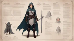 character concept sheet with AD&D statistics and characteristics, [vintage style noisy scratches glitches, Shot the texture and then rewound the film and double exposed the face] semi-elf thief, with her silver dagger and her invisibility cape, ready to strike