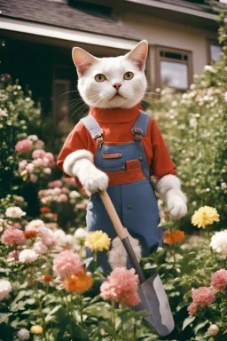 Portrait photo of an anthropomorphic farmer Cat holding a shovel in a flower garden Fujicolor Fujichrome Velvia 100 film photo, Ultra wide lens, bosozoku outfit, house background