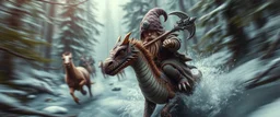 oil painting ,close up motion blur portrait of dwarf thief - Forgotten Realms dodging cyberpunk armored dwarf with war half moon spear hammer with spikes, riding tiny furry brown and purple dragon above water and along winding branches in lush icy forest along speeding horses , bokeh like f/0.8, tilt-shift lens 8k, high detail, smooth render, down-light, unreal engine, prize winning