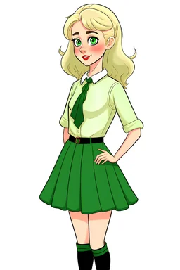 A blonde girl with wide green eyes and a round face, wearing a green skirt and white blouse.and black shose