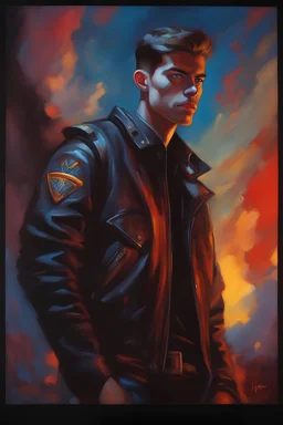 18-year-old Elvin P. Resley with crew-cut dark brown hair tapered on the sides, bangs over the forehead, goatee, bushy eyebrows, blue eyes, wearing a leather jacket - resembles Elvis Presley, pitch black background with an overhead spotlight effect, extremely colorful, oil painting by Frank Frazetta