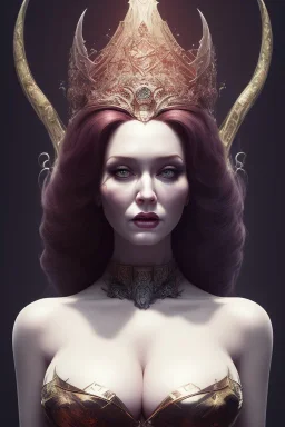 Christina Hendricks as evil queen in black leather, cleavage, angry, stern look. character design by cory loftis, fenghua zhong, ryohei hase, ismail inceoglu and ruan jia. unreal engine 5, artistic lighting, highly detailed, photorealistic, fantasy