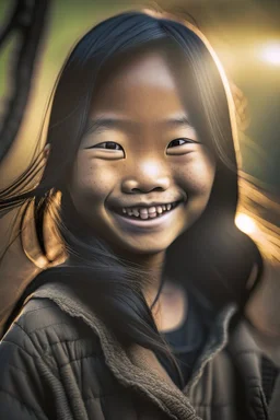 portrait of an asian girl 11 years old, smiling, outdoors, dslr camera, cinematic photography, epic angle, dark colour tone, hyper-realistic