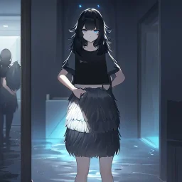 Clear focus,High resolution, black short fluffy hair, long fluffy bangs, and dark blue eyes, Depressed girl, wearing a black short shirt with a black sleeveless crop top, dark aura, controlling water, in a dark blank room