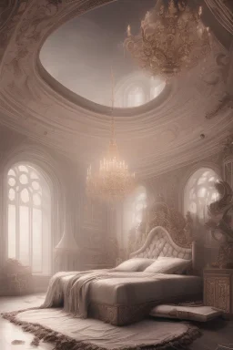 a large bed sitting in the middle of a room, a detailed matte painting, baroque, white candles, gothic and futuristic, beautiful natural light, white grey color palette, fantasy-style, in romantic style, captivating and enticing, gothic lighting, heavenly marble, beautiful natural lighting