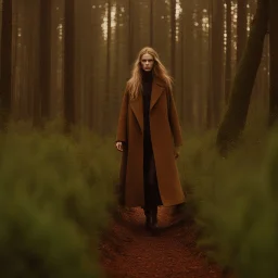 a woman walking through a lush green field, vogue fashion photo, brown tuffle coat, beautiful swedish forest view, mages, film still from dune 2020, britt marling style 3/4, patrick demarchelier, tarot card the hermit, sleek flowing shapes, by Cicely Hey, idyll, taupe, blond brown long hair --v 5. 2 --ar 3:4