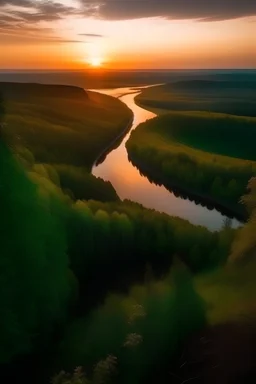 view from the mountain to the forest and the river under the sunset, which looks lonely