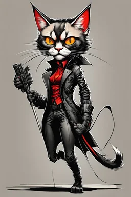 create a wild full body caricature of a cyberpunk female vampire mercenary cat highly detailed with refined feline features in the caricature style of Gerald Scarfe and Ralph Steadman, precisely drawn, boldly inked, vividly colored, 4k