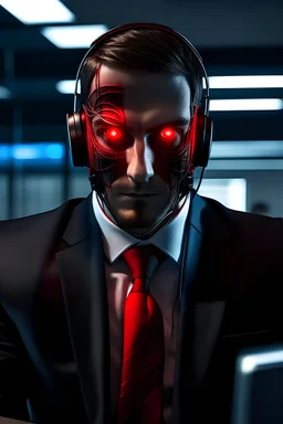 business suit, earpiece, in office, cyber eyes, red eyes