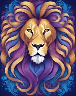 Illustration of a majestic lion, elegant design with swirling patterns and vibrant colors. Majestic presence of the lion accentuated by its golden mane and penetrating gaze. The background is a swirl of blues and purples. Rich colors give depth and dimension to the illustration, vector artwork