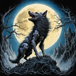 howling Werewolf under a full moon, horror art, by Ian Miller, by Jean Baptiste Monge, by Michael Whelan, expansive, uber detailed, rich deep colors, volumetric lighting, HD, surreal horror, concept art, Whelan's bold visceral style and detailed line work, dramatic, scary, emotionally distressing, uv reactive blacklight effects.