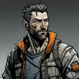man,, looking serious, comic book, post-apocalypse, grey background
